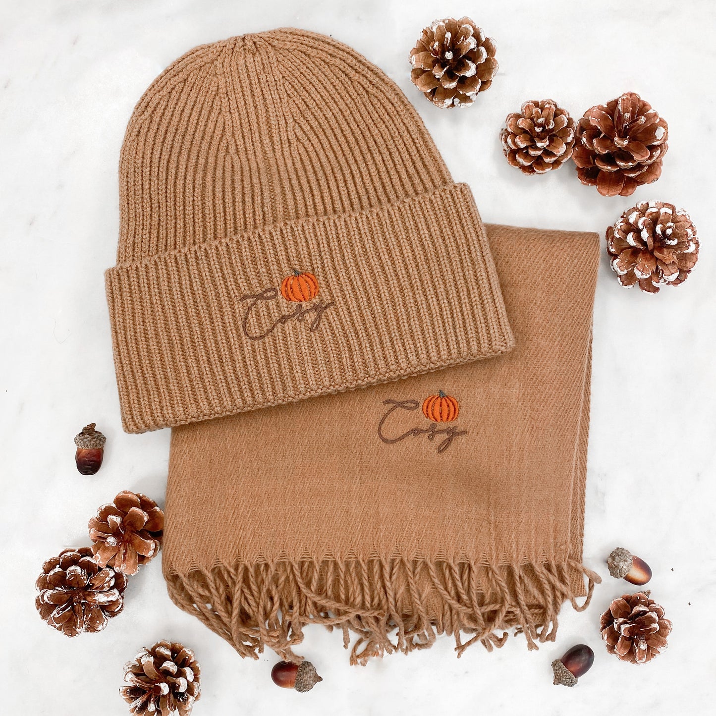 Embroidered Scarf - Autumn Pumpkins - Biscuit