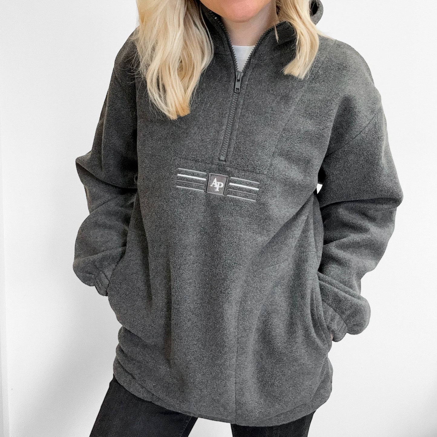 Embroidered Oversized Outdoor Zip Neck Fleece - Midnight Forest - Charcoal - SAMPLE - XS