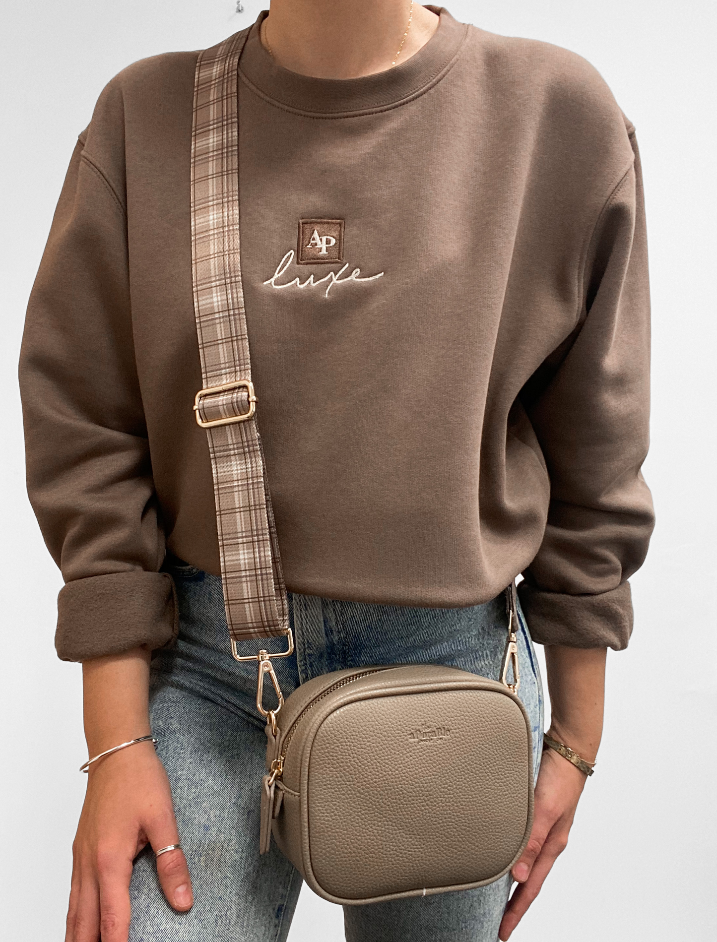 LUXE Vegan Leather Shoulder Bag - Mocha Plaid - Clearance