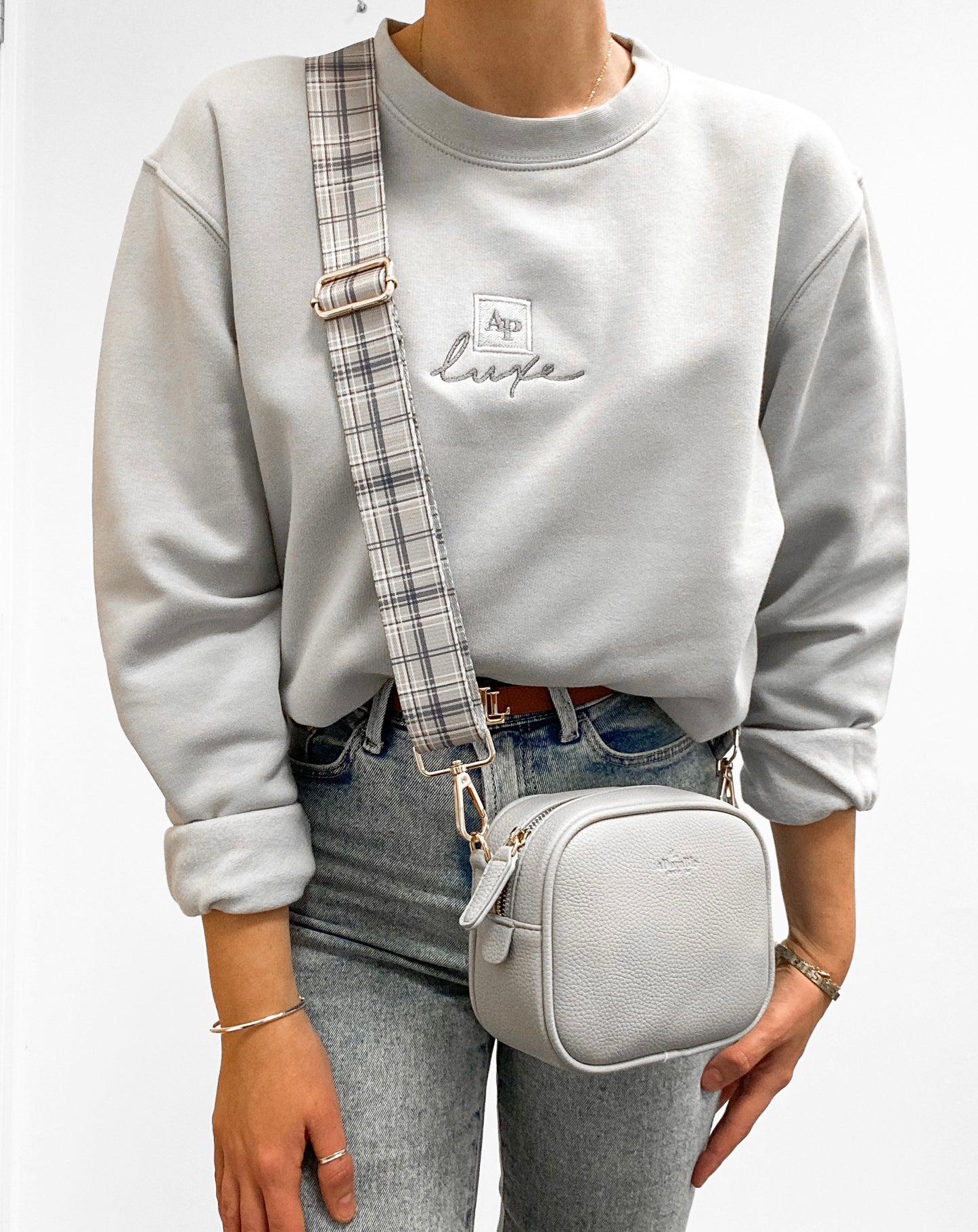 LUXE Vegan Leather Shoulder Bag - Dove Grey Plaid - Clearance