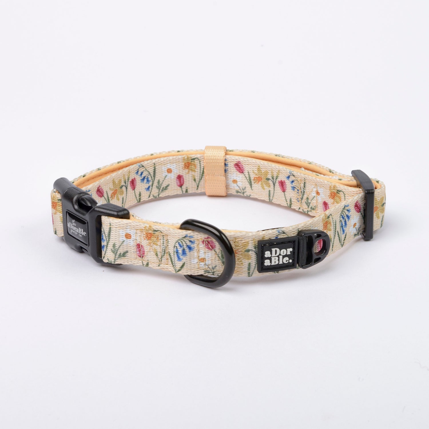 Dog collars of varying sizes laid out surrounded blue accessories to co-ordinate