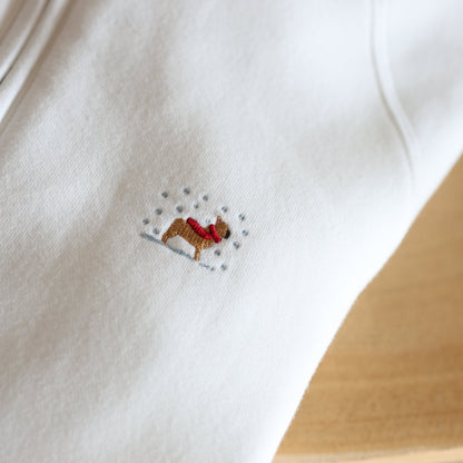 Embroidered Christmas Zip Neck Sweat - French Bulldog - White - SAMPLE - Small