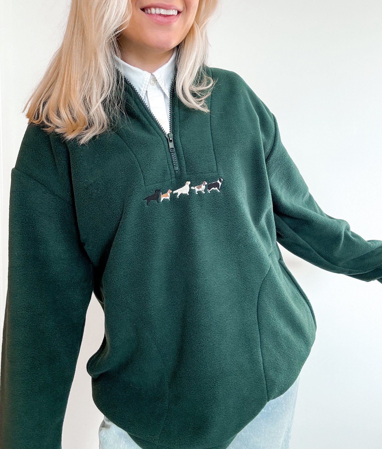 Embroidered Oversized Outdoor Zip Neck Fleece - Working Breed - Forest Green