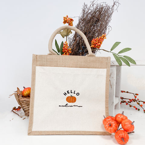 Embroidered Cotton Pocket Shopper Bag - Autumn Pumpkins