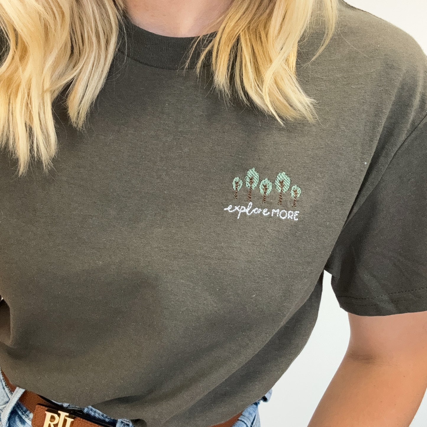 Embroidered AP T-Shirt - Explore More - Olive Green