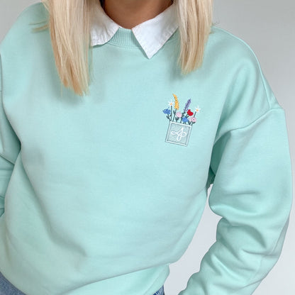 Embroidered Premium Oversized Sweatshirt - Wildflower Meadow - Fresh Mint