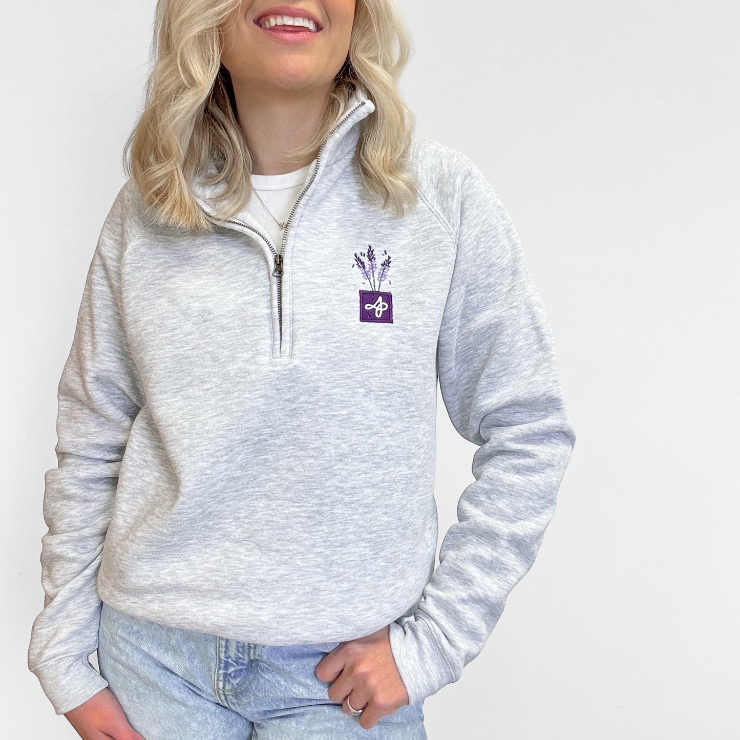 Embroidered Zip Neck Sweat - Lavender Haze - Grey