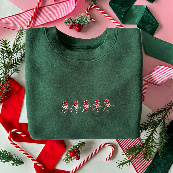 Embroidered Signature Sweatshirt - Candy Cane - Forest Green