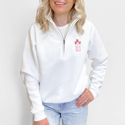 Embroidered Zip Neck Sweat - Timesless Tulips - White