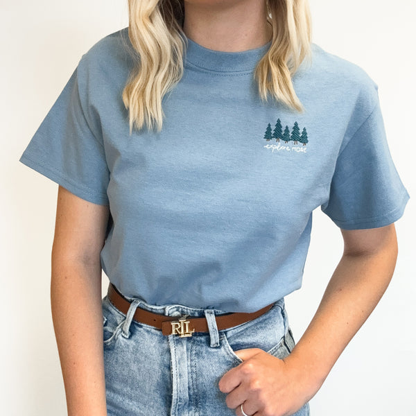 Embroidered AP T-Shirt - Explore More - Stone Blue