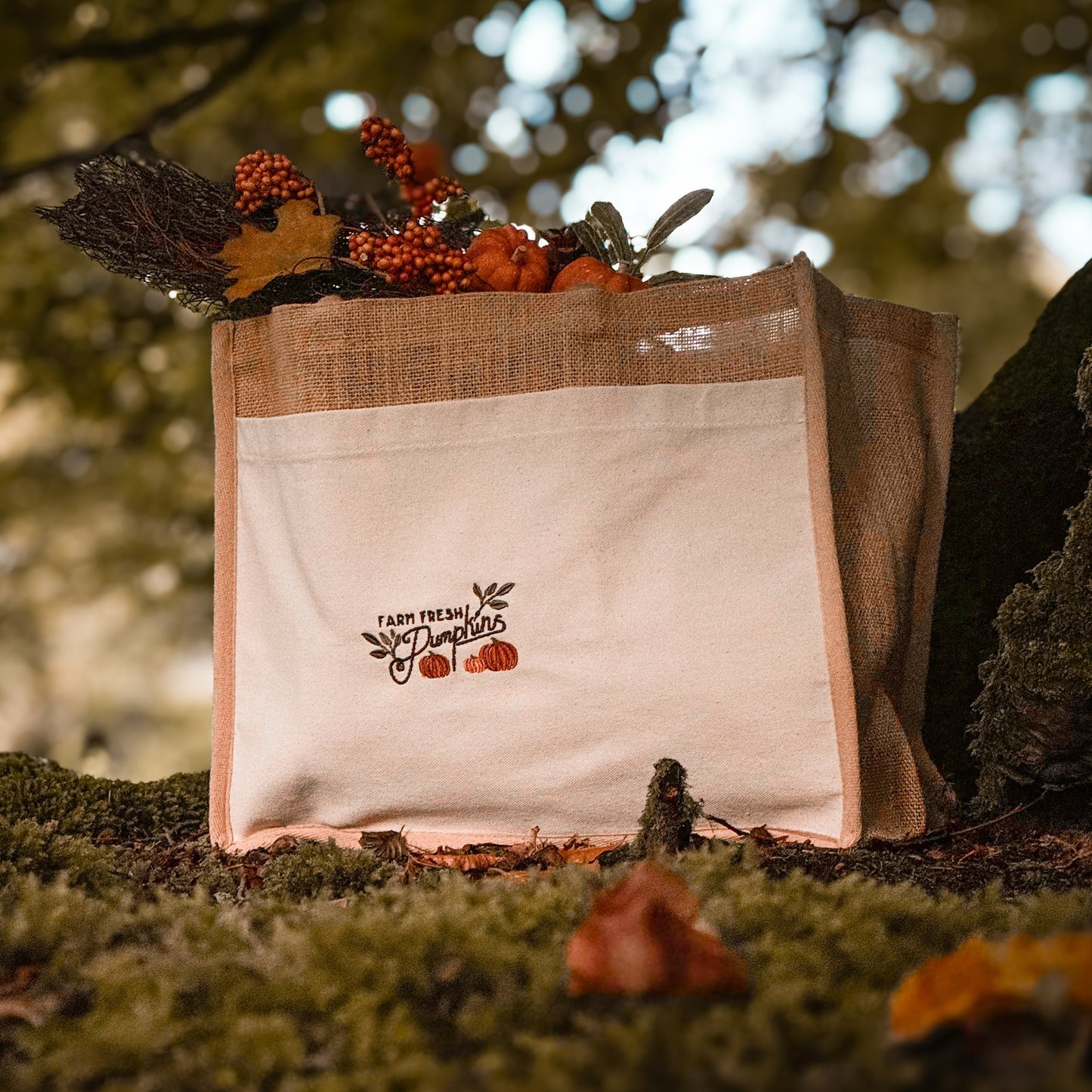 Embroidered Cotton Pocket Shopper Bag - Pumpkin Harvest