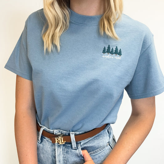 Embroidered AP T-Shirt - Explore More - Stone Blue