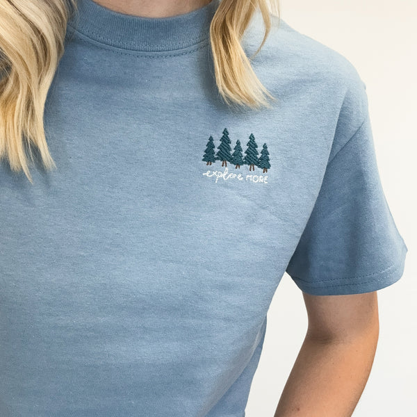 Embroidered AP T-Shirt - Explore More - Stone Blue