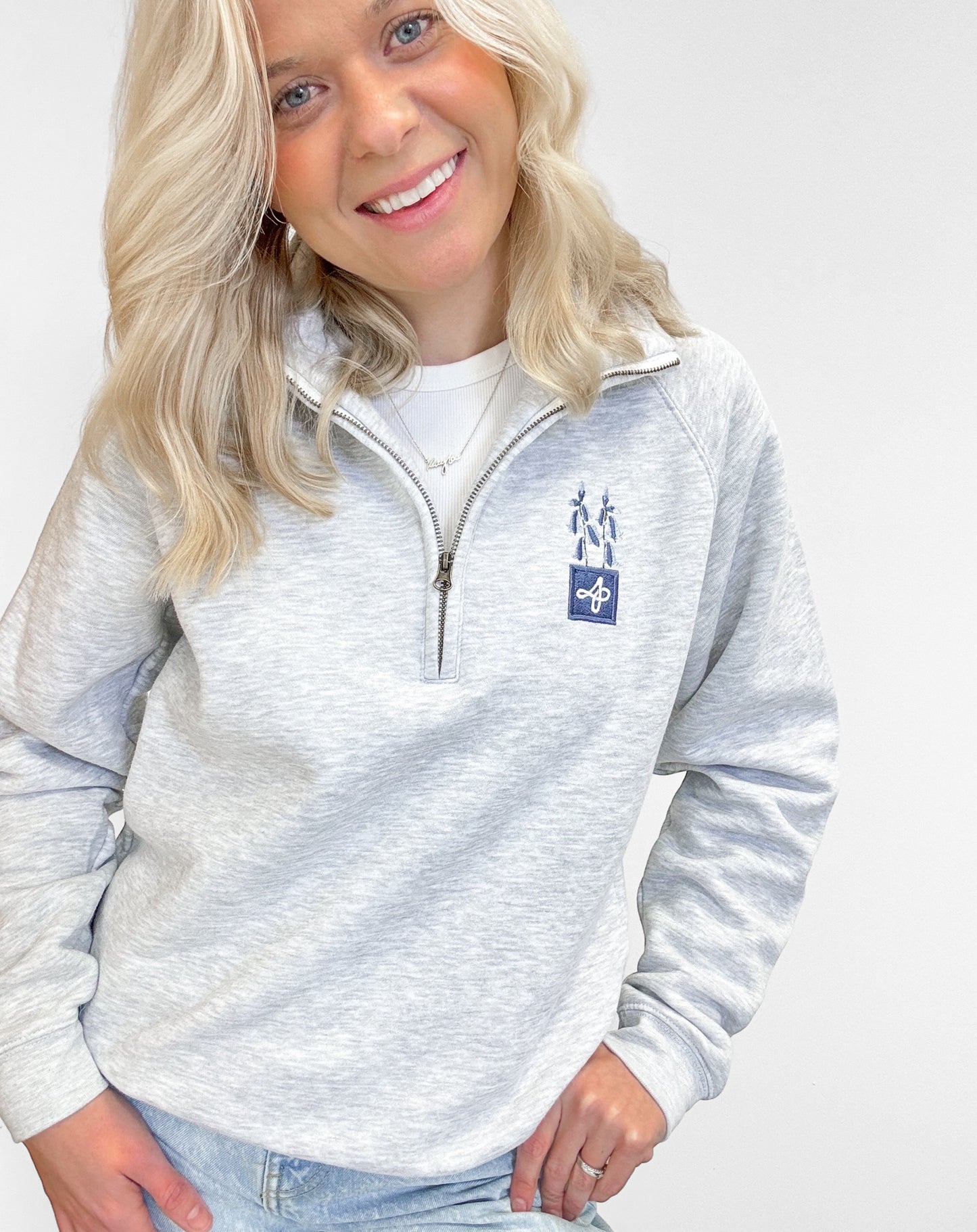 Embroidered Zip Neck Sweat - Bluebell Bliss - Grey