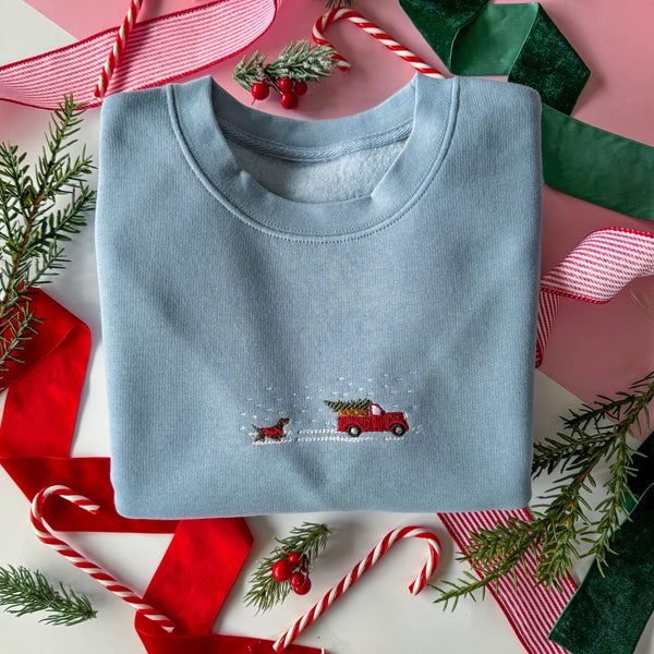 Embroidered Signature Sweatshirt - Christmas Tree Farm - Light Blue