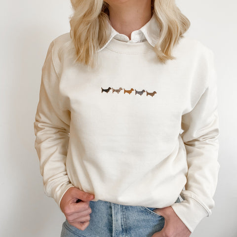 Embroidered Lightweight Sweatshirt - Dachshunds - Vanilla