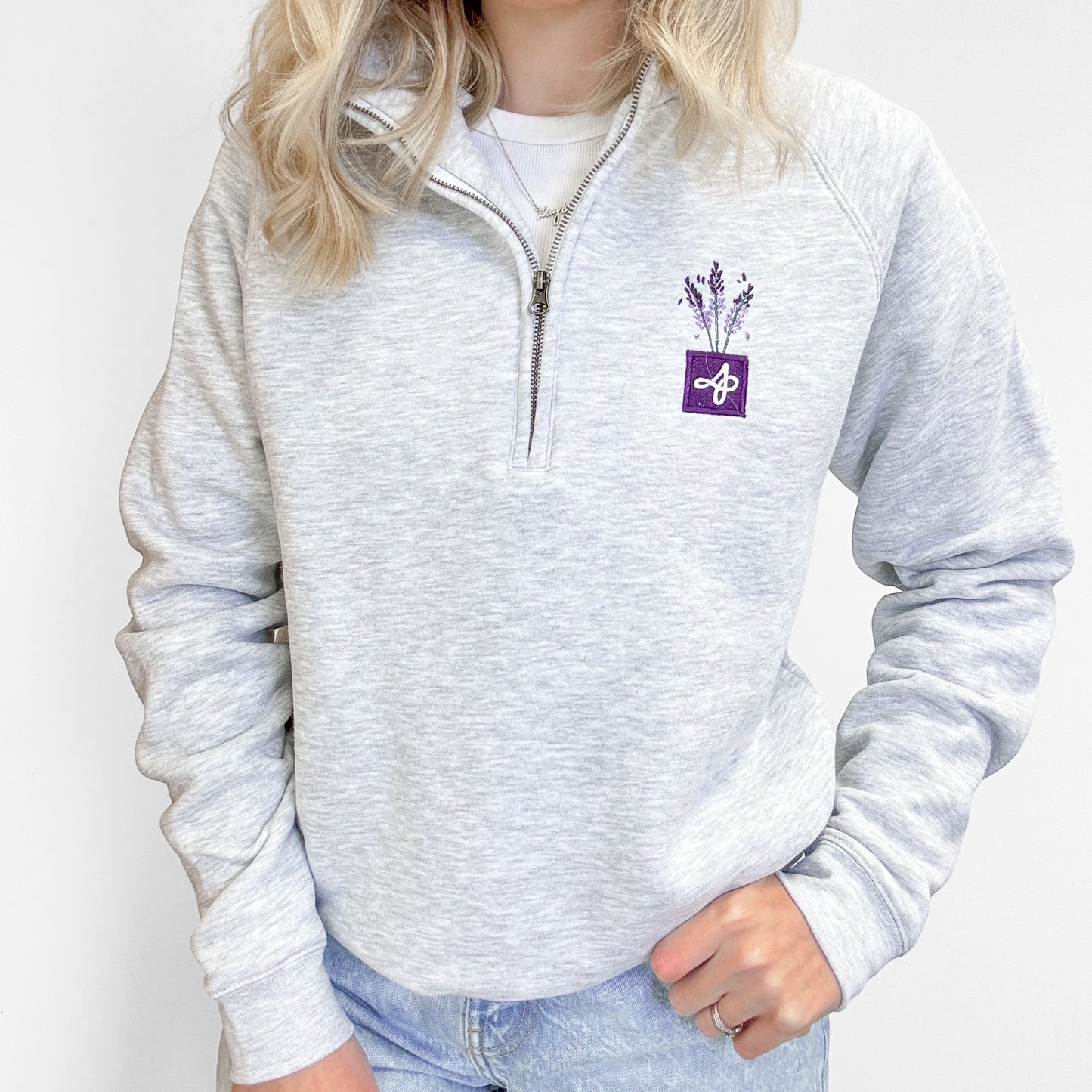 Embroidered Zip Neck Sweat - Lavender Haze - Grey