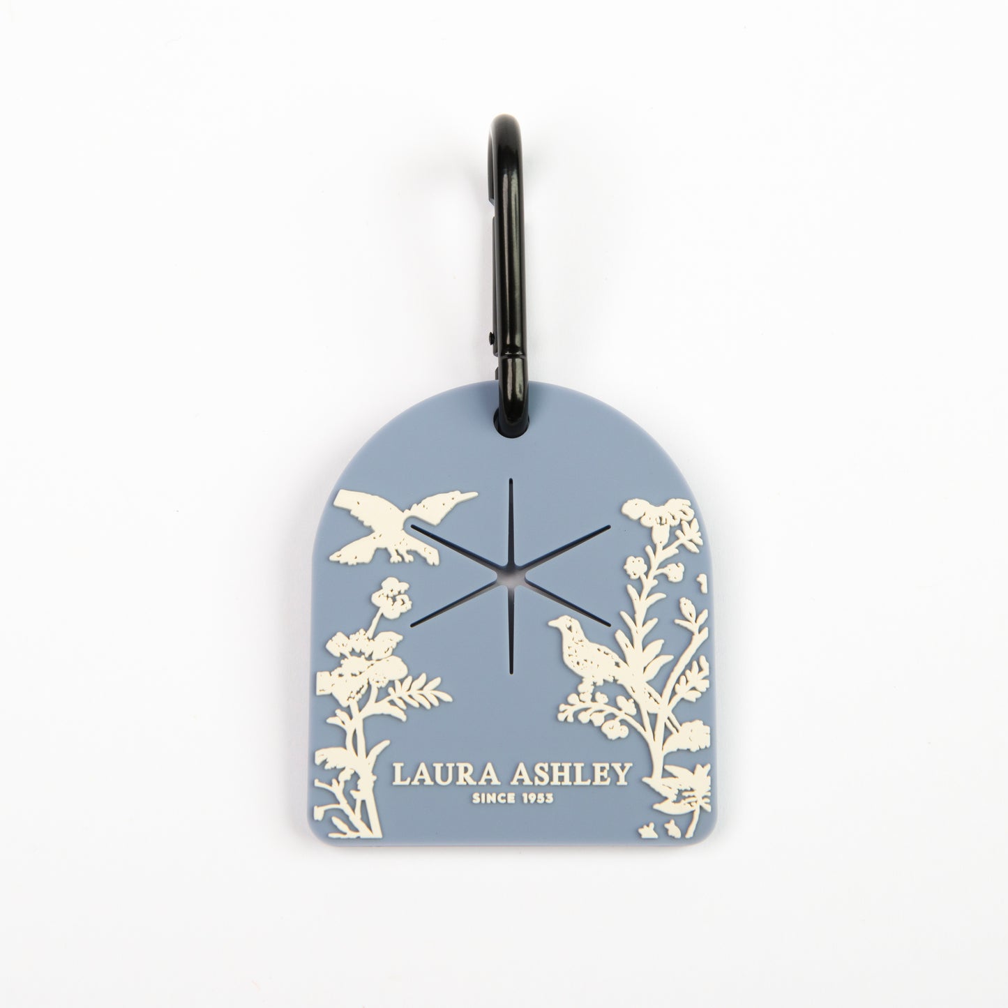 Laura Ashley shepherd's purse pattern dog waste bag carrier with white floral and bird design on a light blue background. Laura Ashley branding in white, with black hardware clip attachment.
