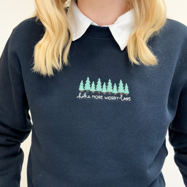 Embroidered Signature Sweatshirt - Hike More, Worry Less - Navy