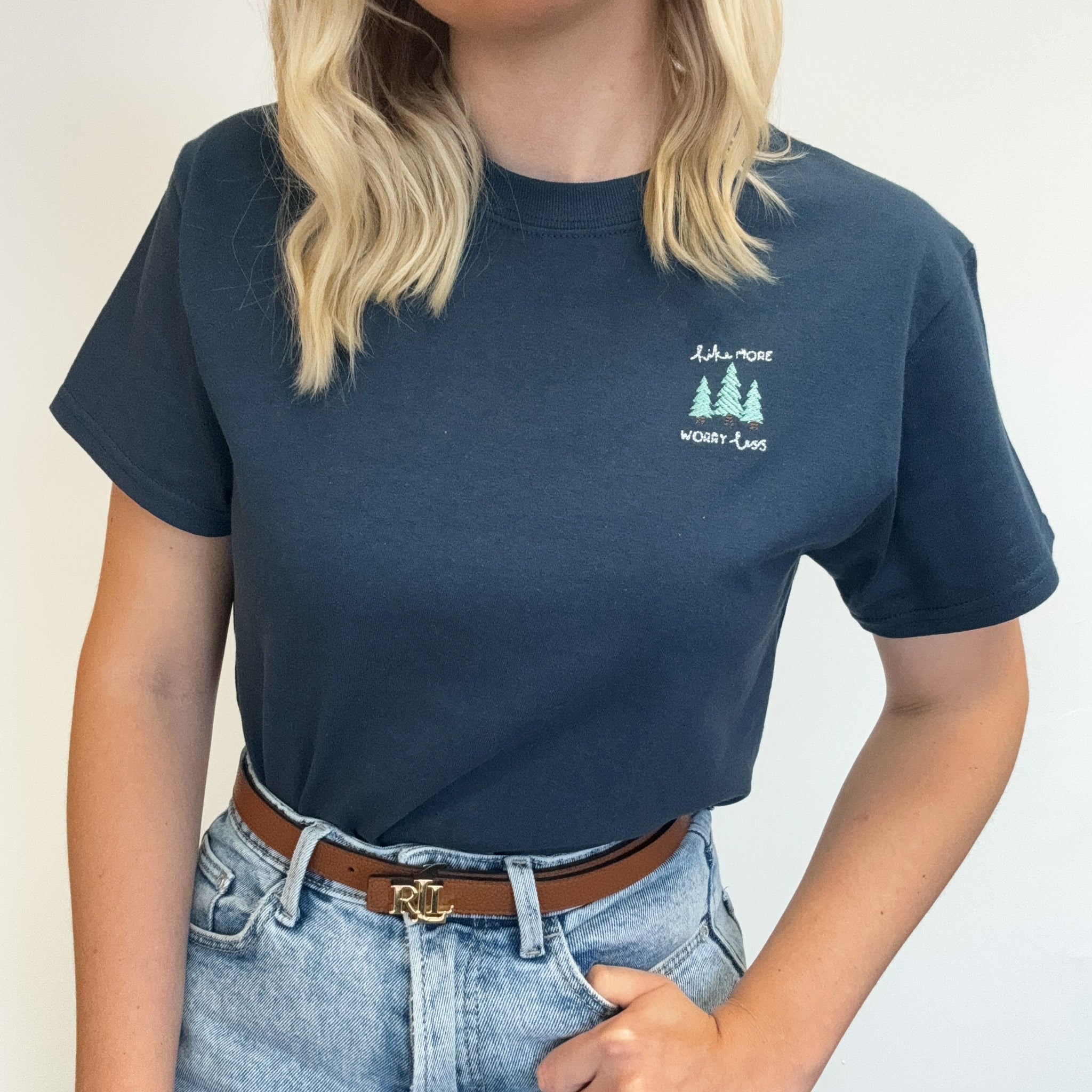 Embroidered AP T-Shirt - Hike More, Worry Less - Blue Dusk