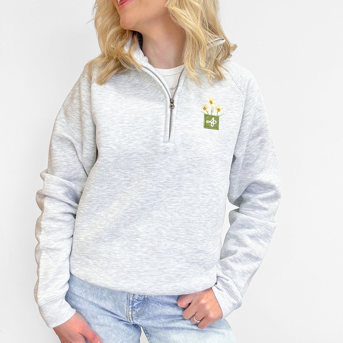 Embroidered Zip Neck Sweat - Delicate Daffodils - Grey