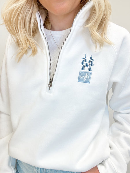 Embroidered Zip Neck Sweat - Bluebell Bliss - White
