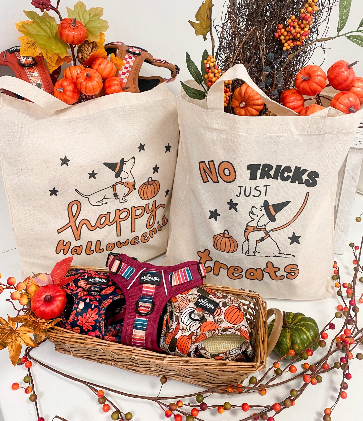 Cotton Tote Bag - 'Happy Halloweenie' - 'No Tricks Just Treats'