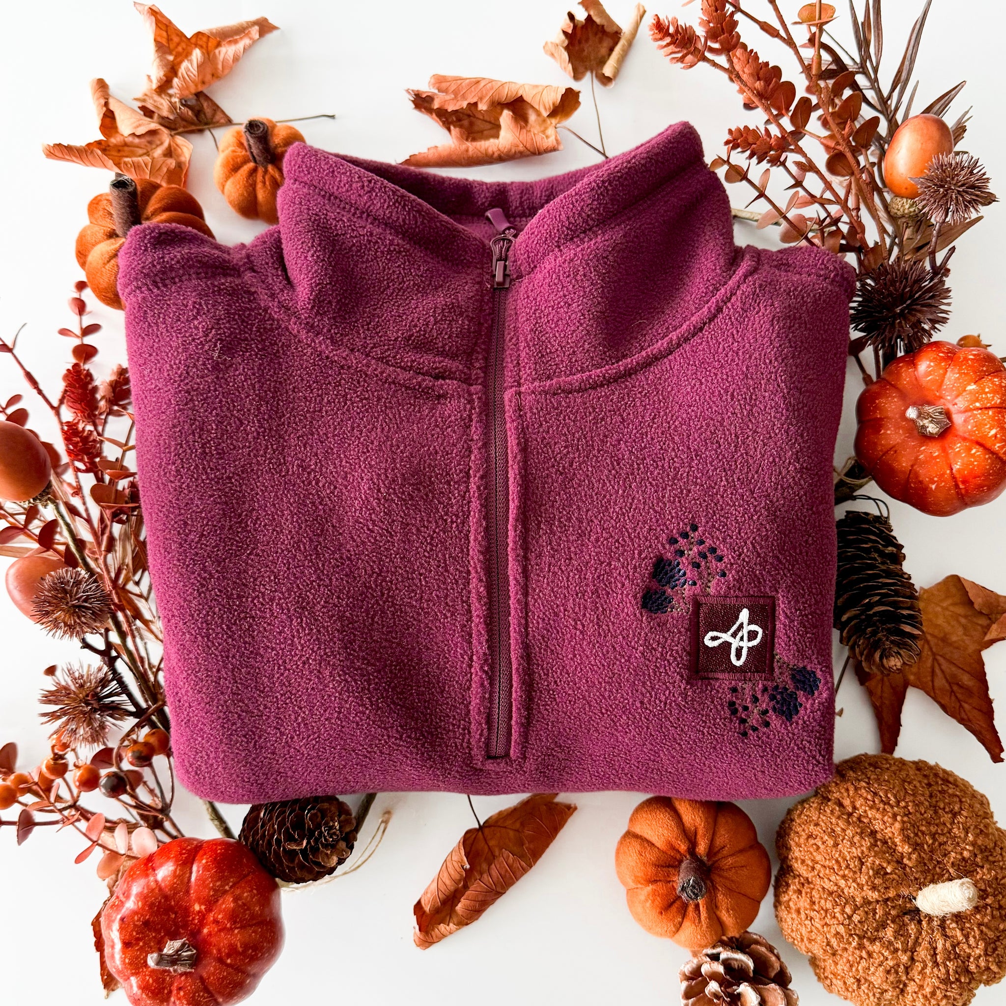 Embroidered Outdoor Zip Neck Fleece - Bramble Berry - Mulberry