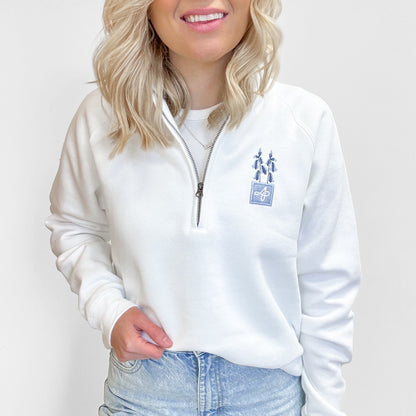 Embroidered Zip Neck Sweat - Bluebell Bliss - White