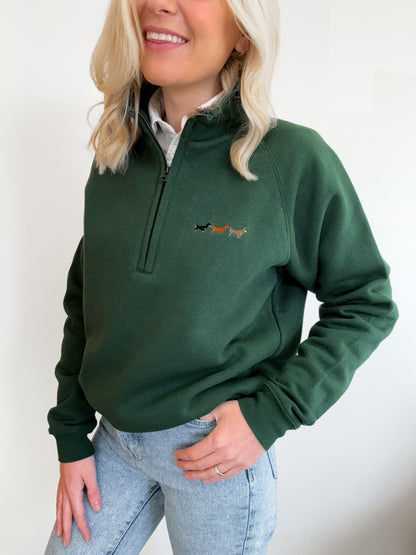 Embroidered Zip Neck Sweat - Dachshunds - Forest Green