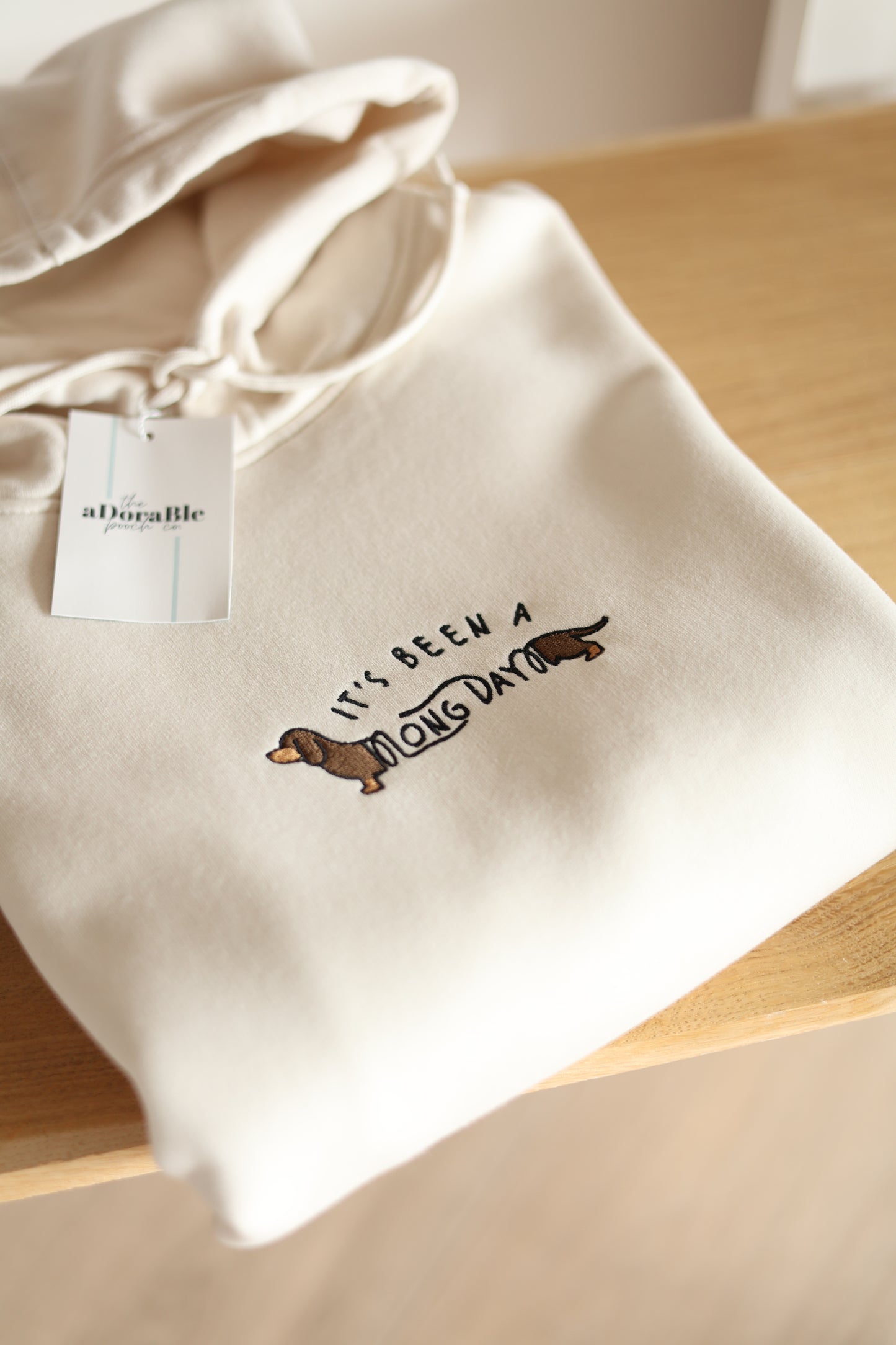 Embroidered Organic Hoodie - 'It's been a long day' - Ecru - Brown & Tan Dachshund - SAMPLE - Multiple Sizes
