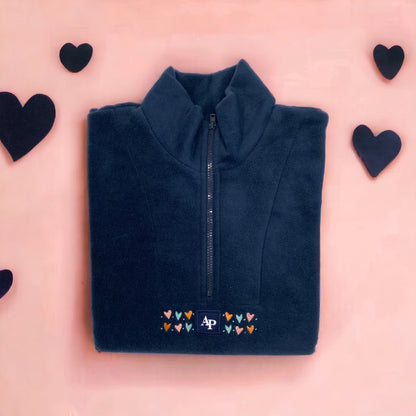 Embroidered Oversized Outdoor Zip Neck Fleece - Lots Of Love - Navy