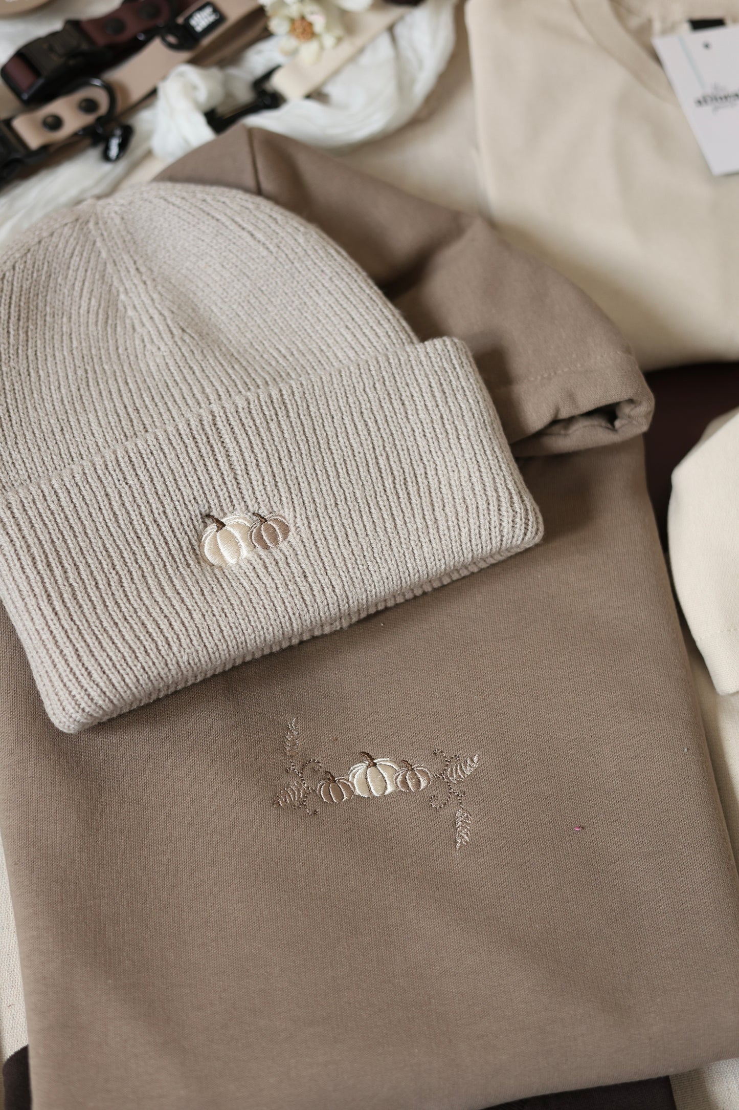 Embroidered Cotton Blend Hoodie - Pumpkin Farm - Mocha