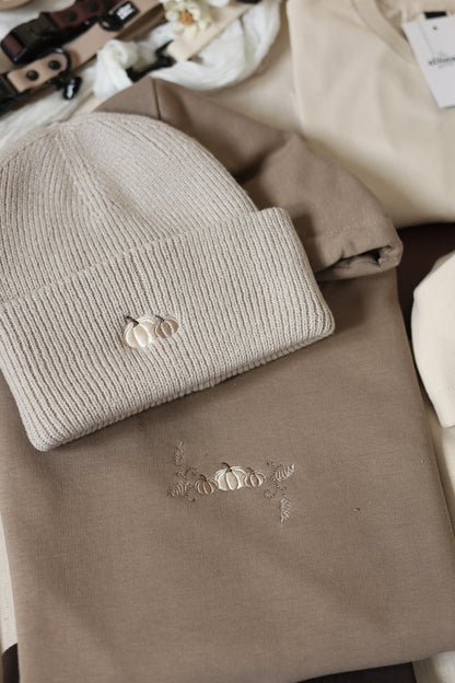 Embroidered Cotton Blend Hoodie - Pumpkin Farm - Mocha