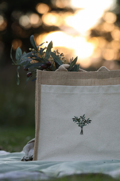 Embroidered Cotton Pocket Shopper Bag - Olive Grove