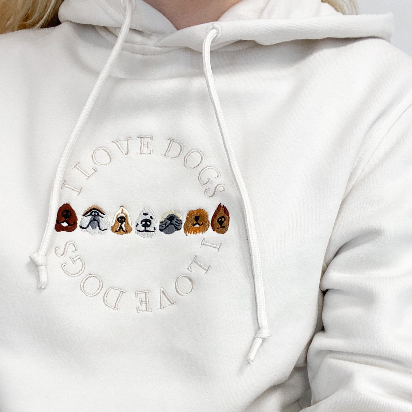 Embroidered Organic Hoodie - Ecru - I Love Dogs