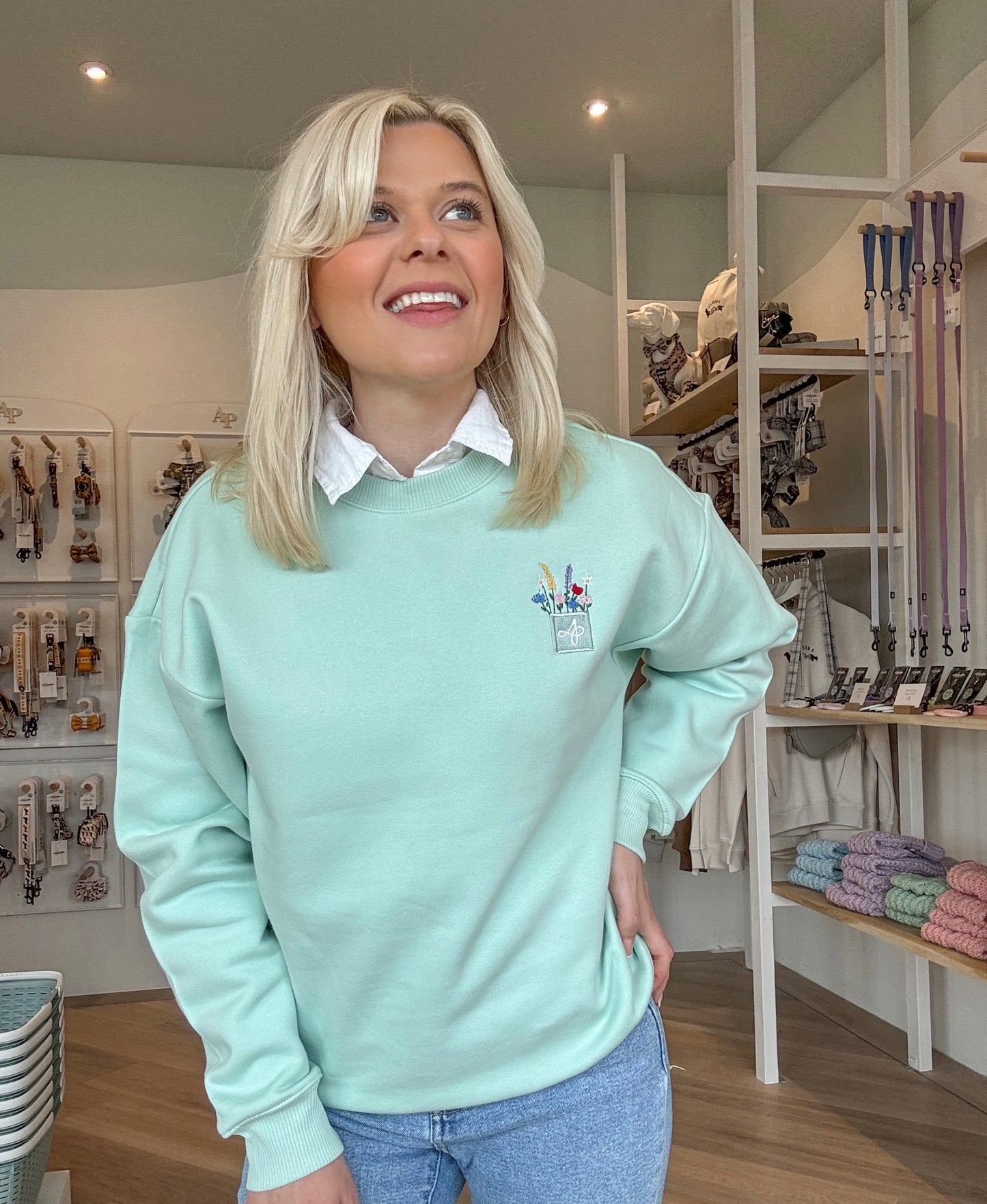 Embroidered Premium Oversized Sweatshirt - Wildflower Meadow - Fresh Mint