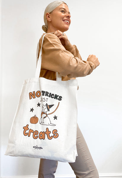 Cotton Tote Bag - 'Happy Halloweenie' - 'No Tricks Just Treats'