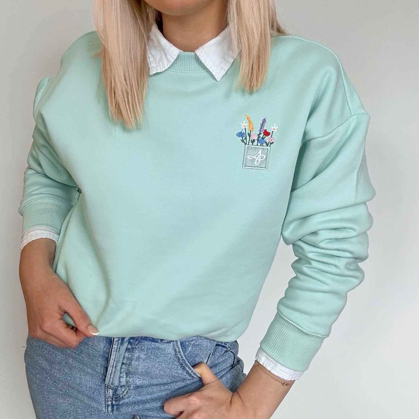 Embroidered Premium Oversized Sweatshirt - Wildflower Meadow - Fresh Mint