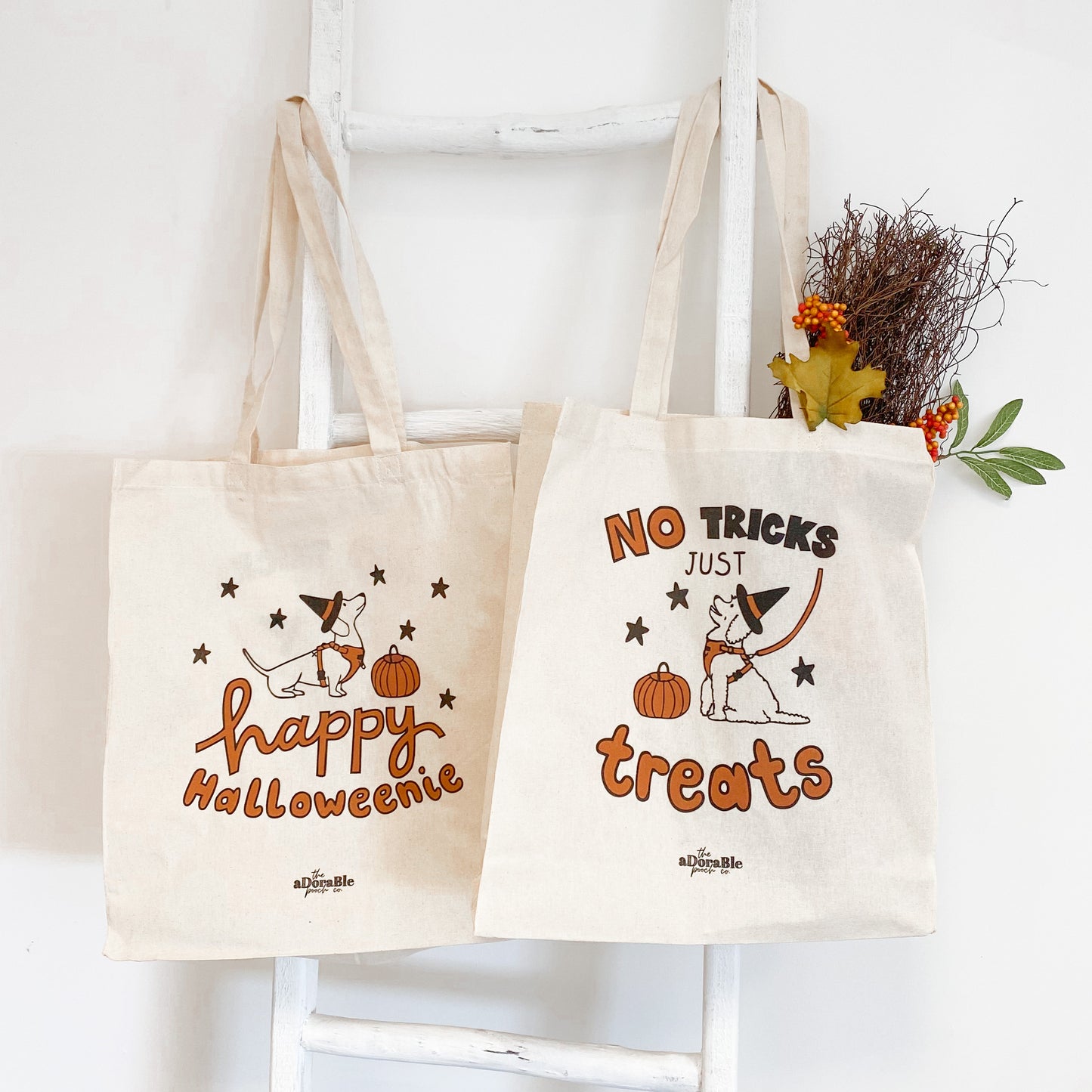 Cotton Tote Bag - 'Happy Halloweenie' - 'No Tricks Just Treats'