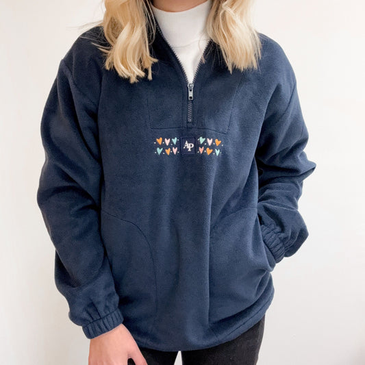 Embroidered Oversized Outdoor Zip Neck Fleece - Lots Of Love - Navy