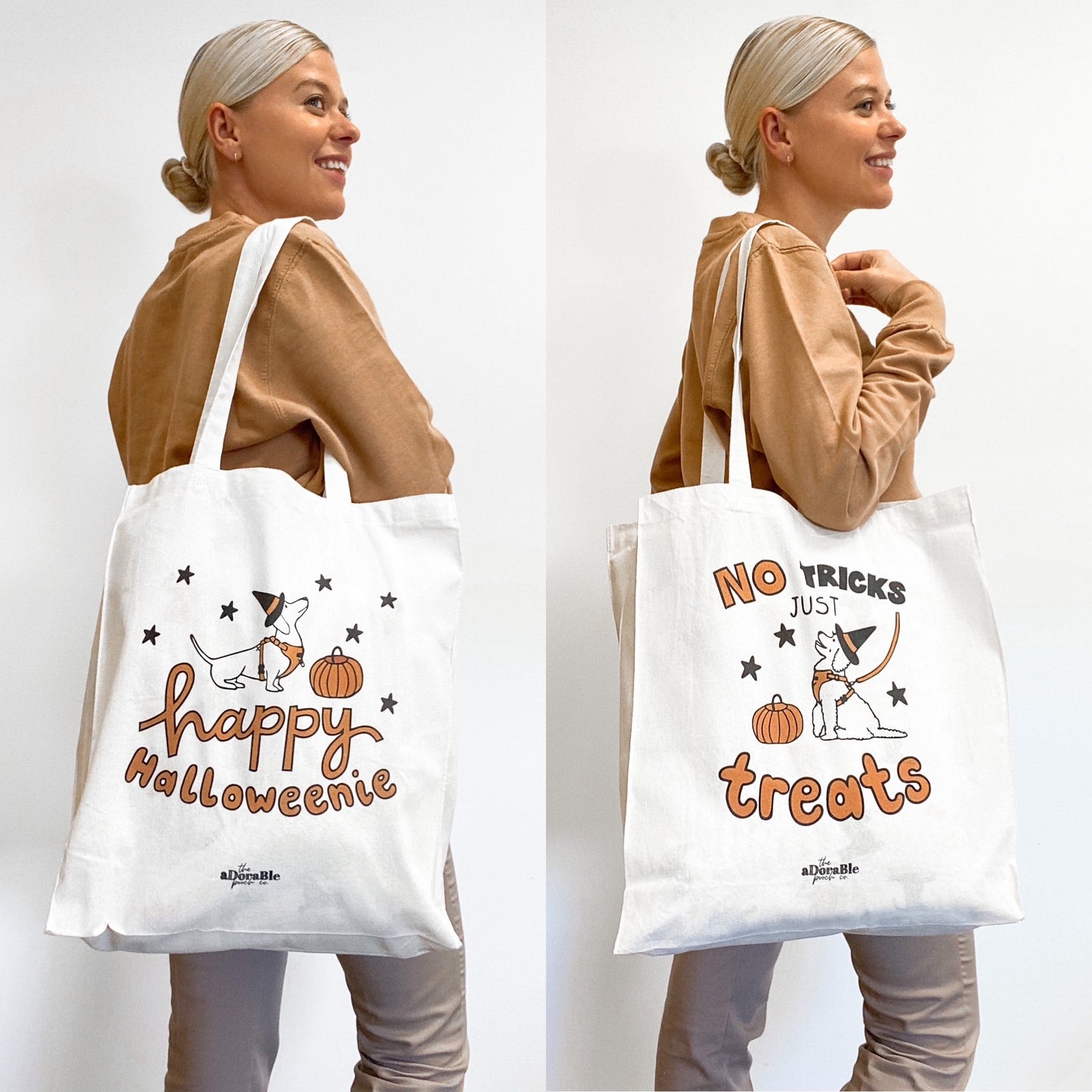 Cotton Tote Bag - 'Happy Halloweenie' - 'No Tricks Just Treats'