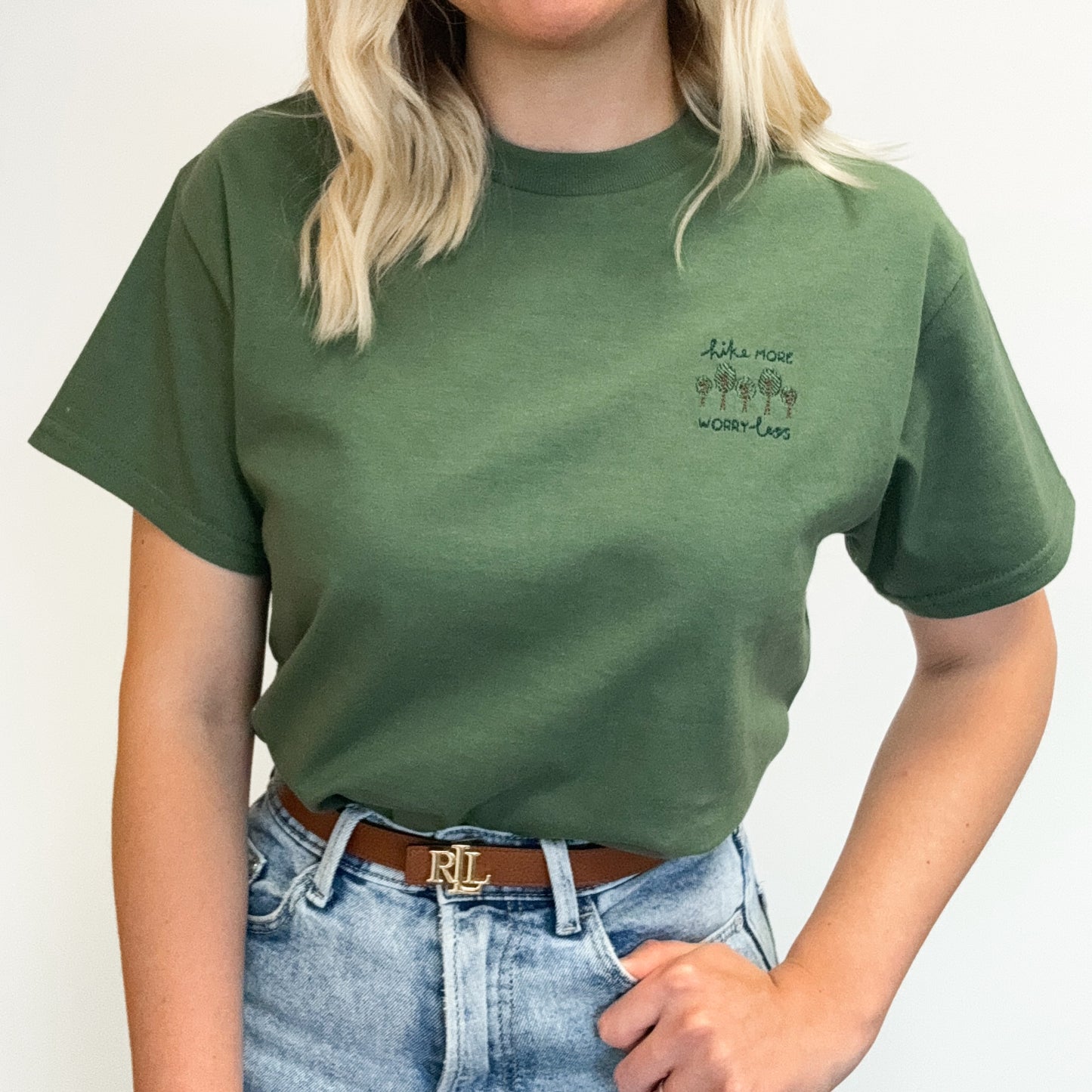 Embroidered AP T-Shirt - Hike More, Worry Less - Deep Sage