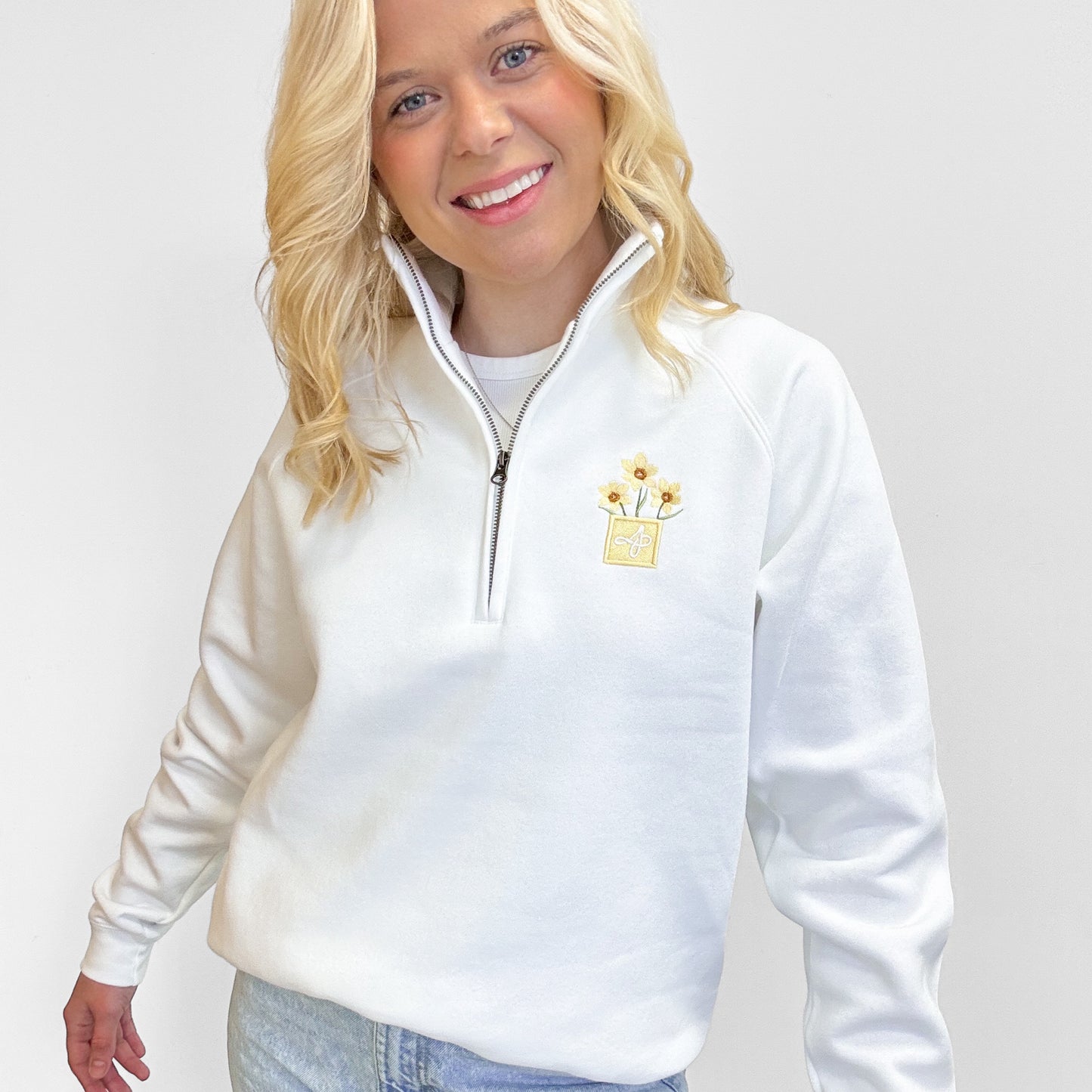 Embroidered Zip Neck Sweat - Delicate Daffodils - White