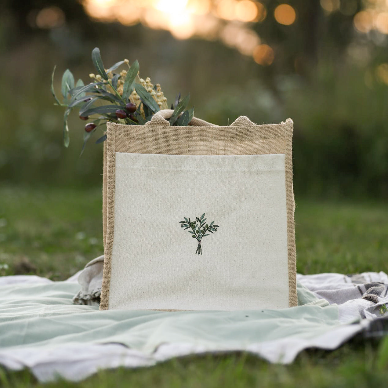 Embroidered Cotton Pocket Shopper Bag - Olive Grove