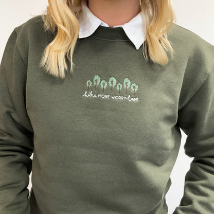 Embroidered Signature Sweatshirt - Hike More, Worry Less - Olive Green