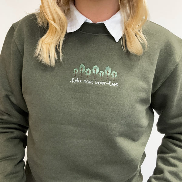 Embroidered Signature Sweatshirt - Hike More, Worry Less - Olive Green