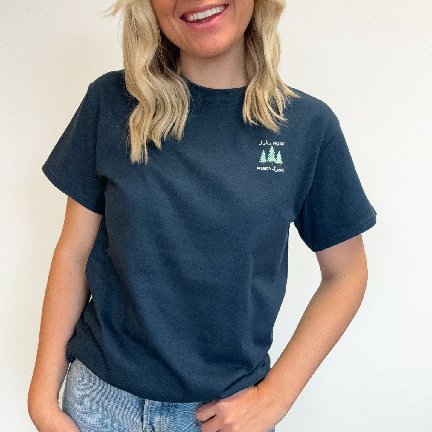 Embroidered AP T-Shirt - Hike More, Worry Less - Blue Dusk