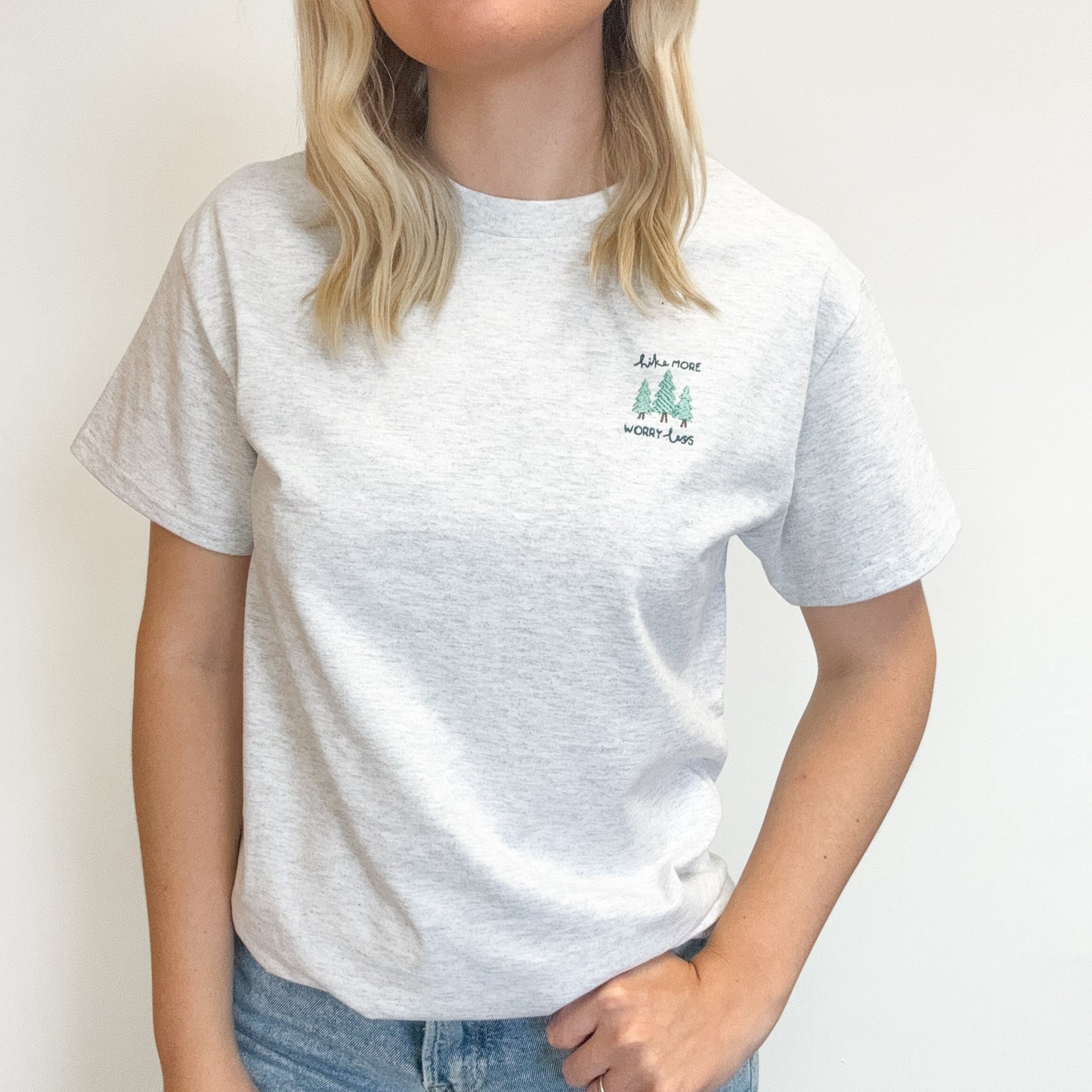 Embroidered AP T-Shirt - Hike More, Worry Less - Ash Grey