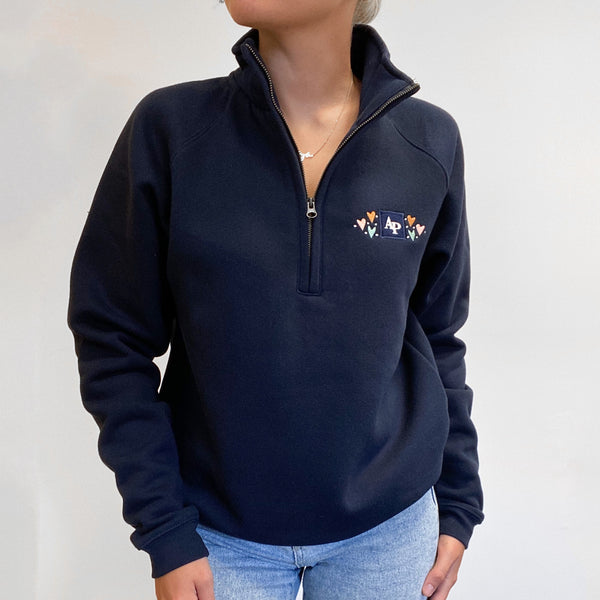 Embroidered AP Zip Neck Sweat - Lots Of Love - Navy